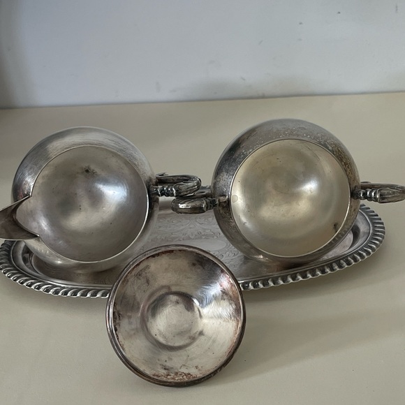 Creamer & Sugar Bowl w/ Tray Silver on Copper Silverplate Set Of 3 VTG - Picture 3 of 11